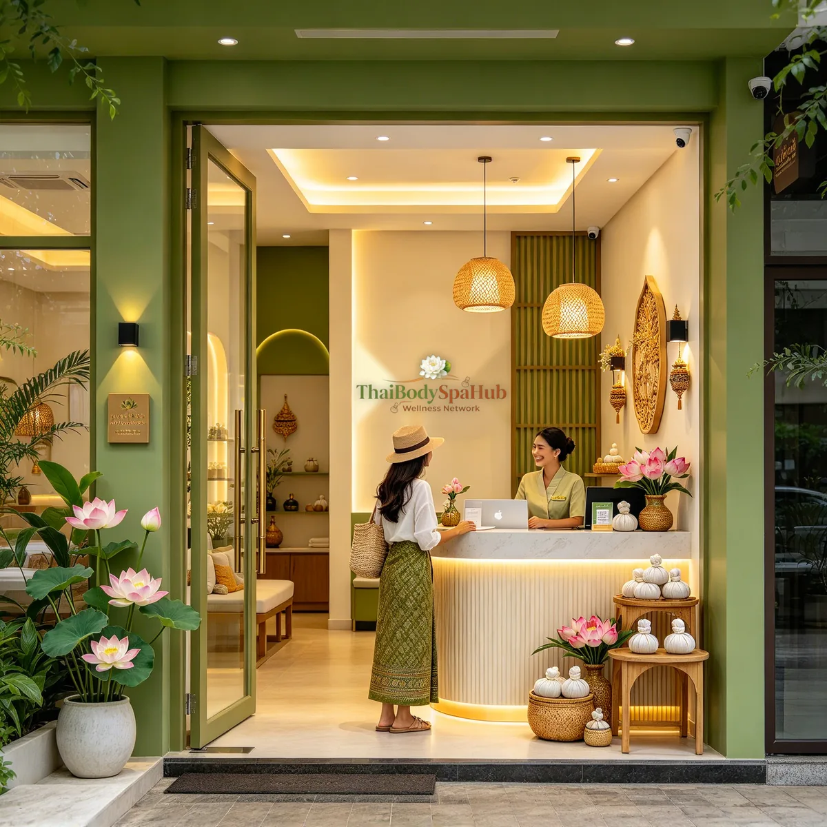 ภาพประกอบ: ลูกค้าหญิงสวมหมวกกำลังคุยกับพนักงานต้อนรับที่เคาน์เตอร์ร้านสปาไทยตกแต่งโทนเขียว มีดอกบัวและลูกประคบวางประดับ